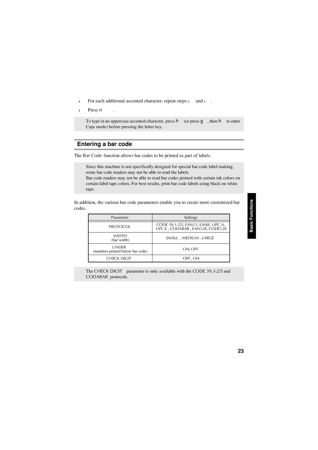 Brother PT-7600, PT-7500 manual Entering a bar code, Parameter Settings, Bar width, Numbers printed below bar code 