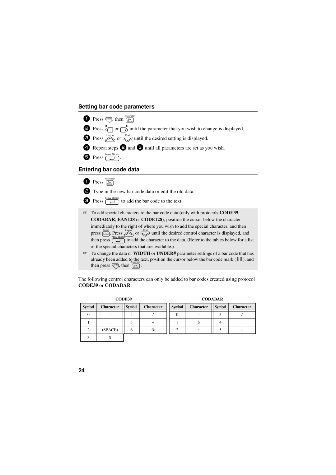 Brother PT-7500, PT-7600 manual Setting bar code parameters, Entering bar code data, Character Symbol 