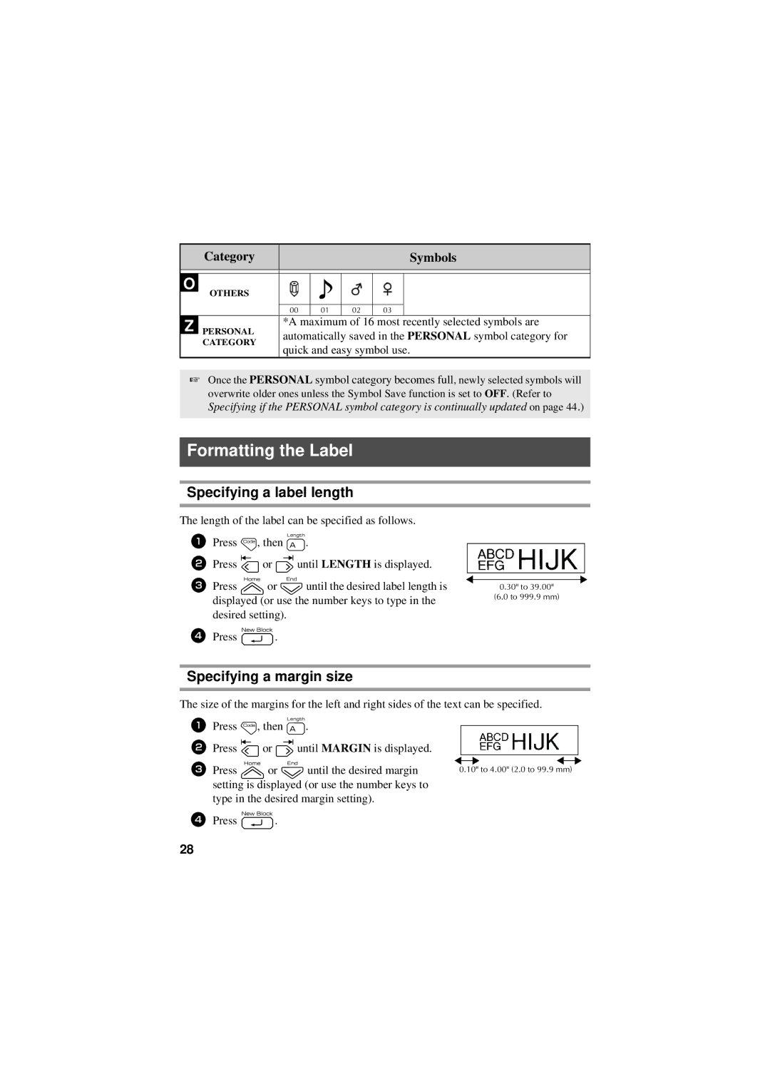 Brother PT-7500, PT-7600 manual Formatting the Label, Specifying a label length, Specifying a margin size 