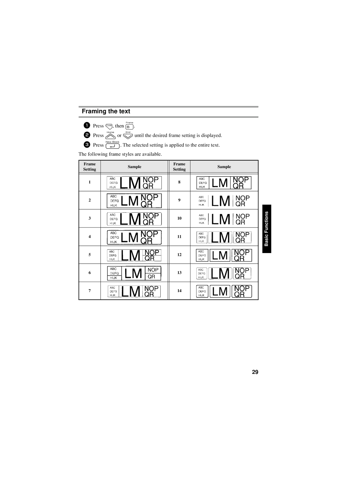Brother PT-7600, PT-7500 manual Framing the text, Frame Sample Setting 