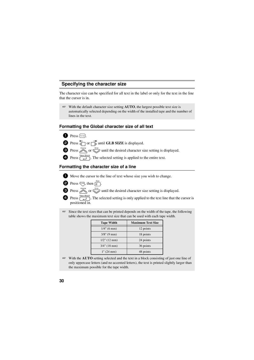 Brother PT-7500, PT-7600 manual Specifying the character size, Formatting the Global character size of all text 