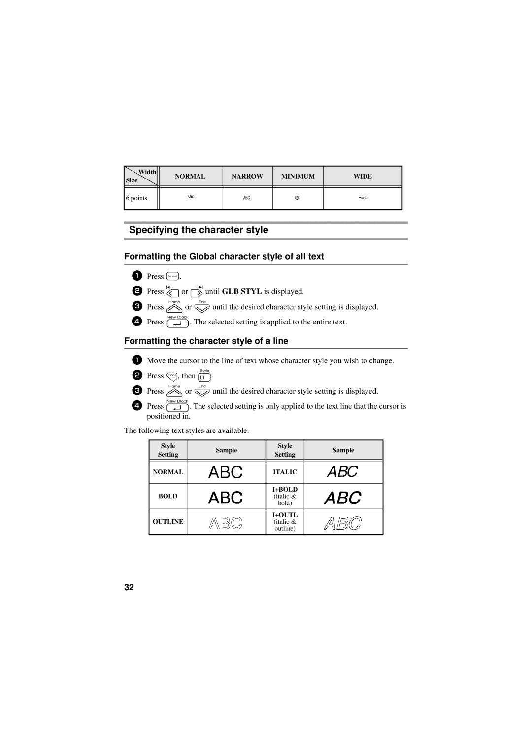 Brother PT-7500, PT-7600 manual Specifying the character style, Formatting the Global character style of all text 