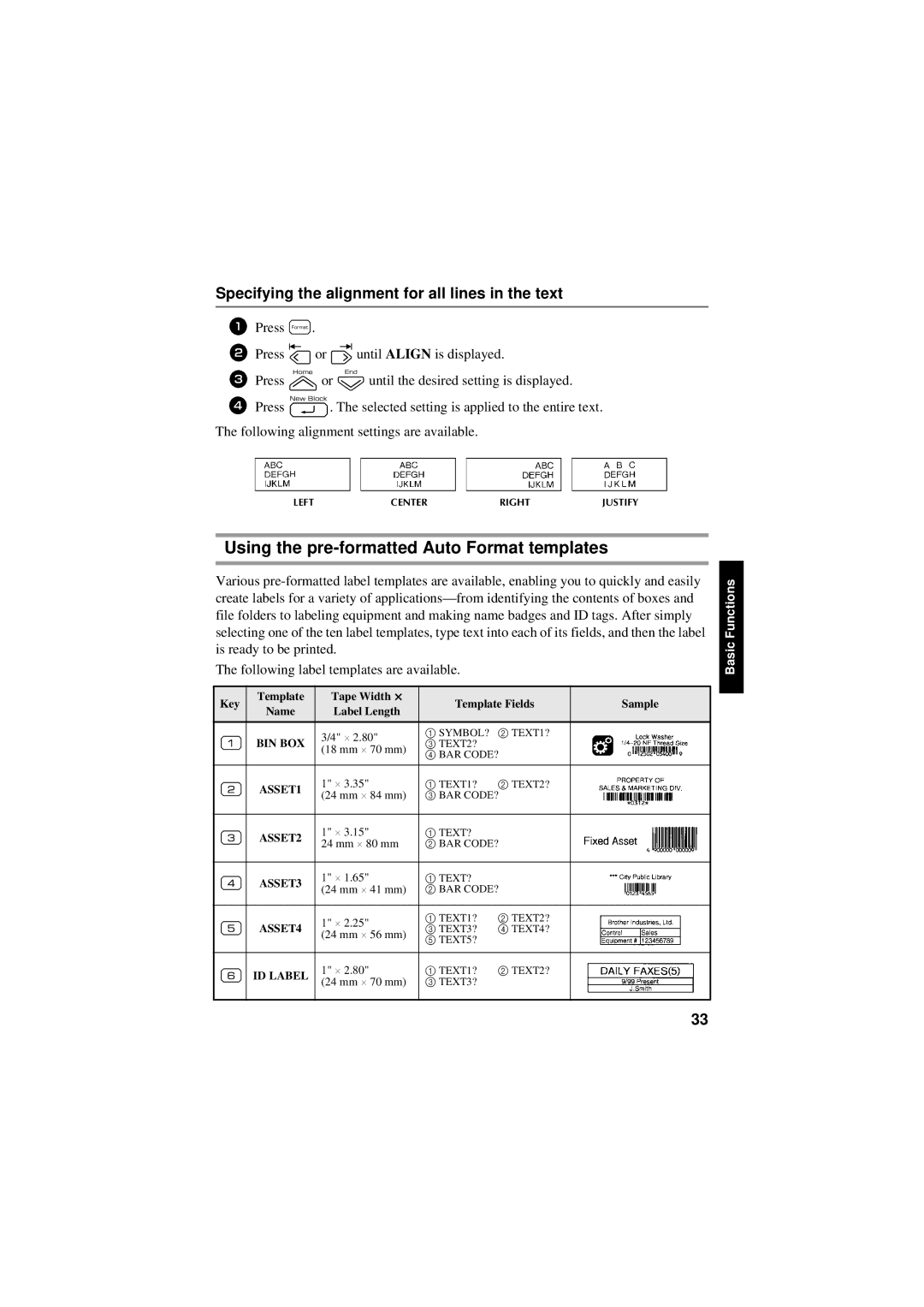 Brother PT-7600, PT-7500 Using the pre-formatted Auto Format templates, Specifying the alignment for all lines in the text 