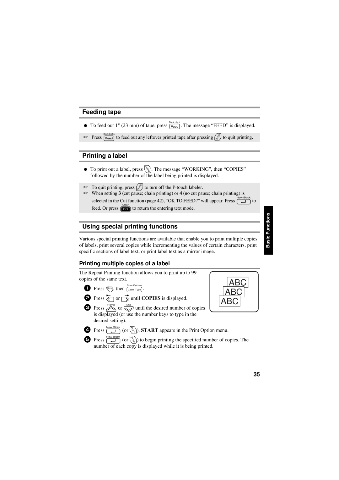 Brother PT-7600 Feeding tape, Printing a label, Using special printing functions, Printing multiple copies of a label 