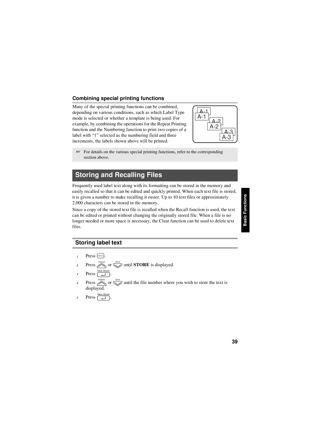 Brother PT-7600, PT-7500 manual Storing and Recalling Files, Storing label text, Combining special printing functions 