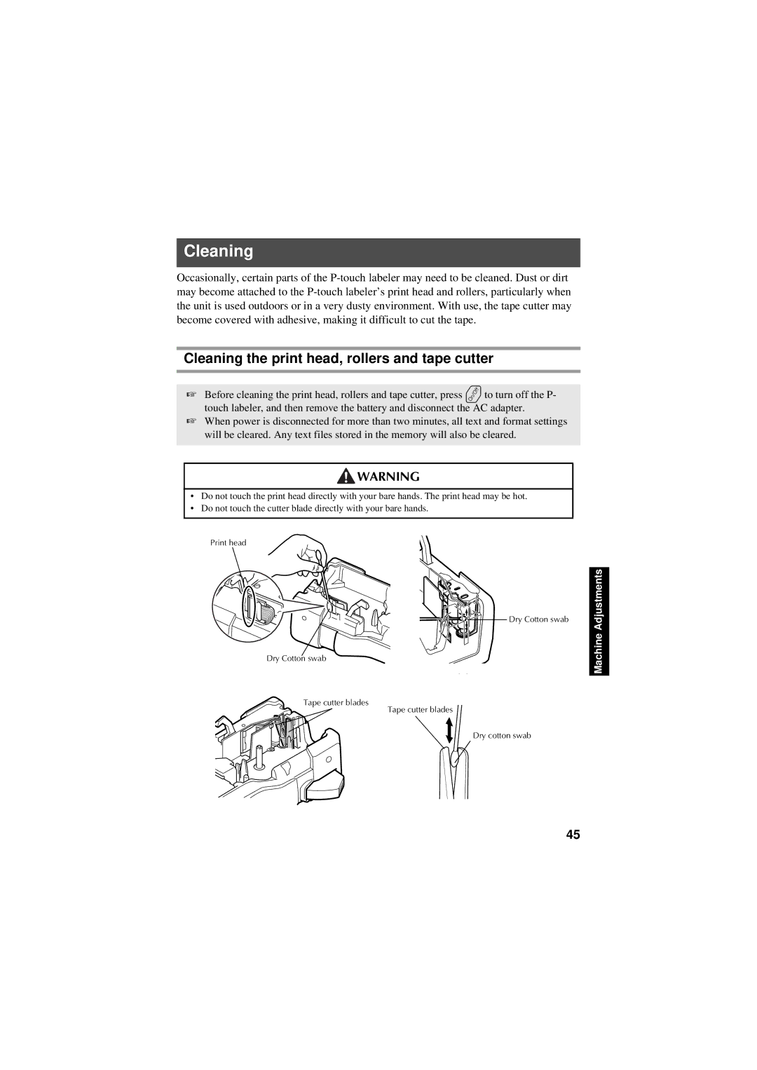 Brother PT-7600, PT-7500 manual Cleaning the print head, rollers and tape cutter 