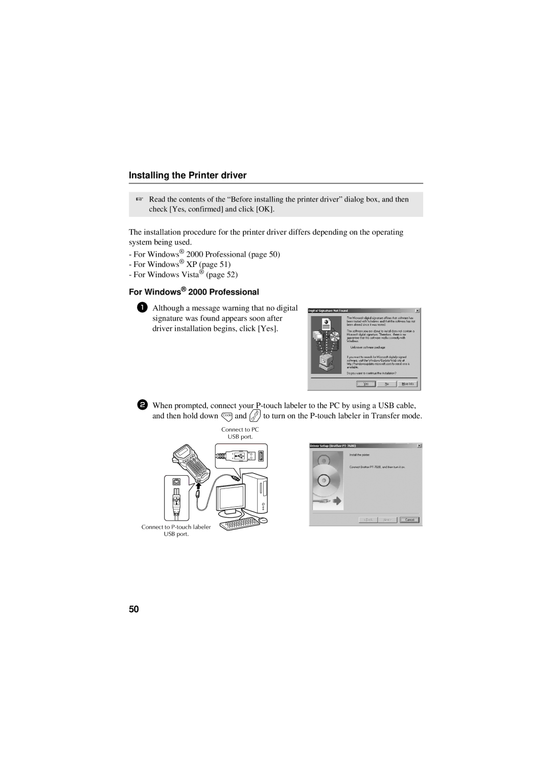 Brother PT-7500, PT-7600 manual Installing the Printer driver, For Windows 2000 Professional 