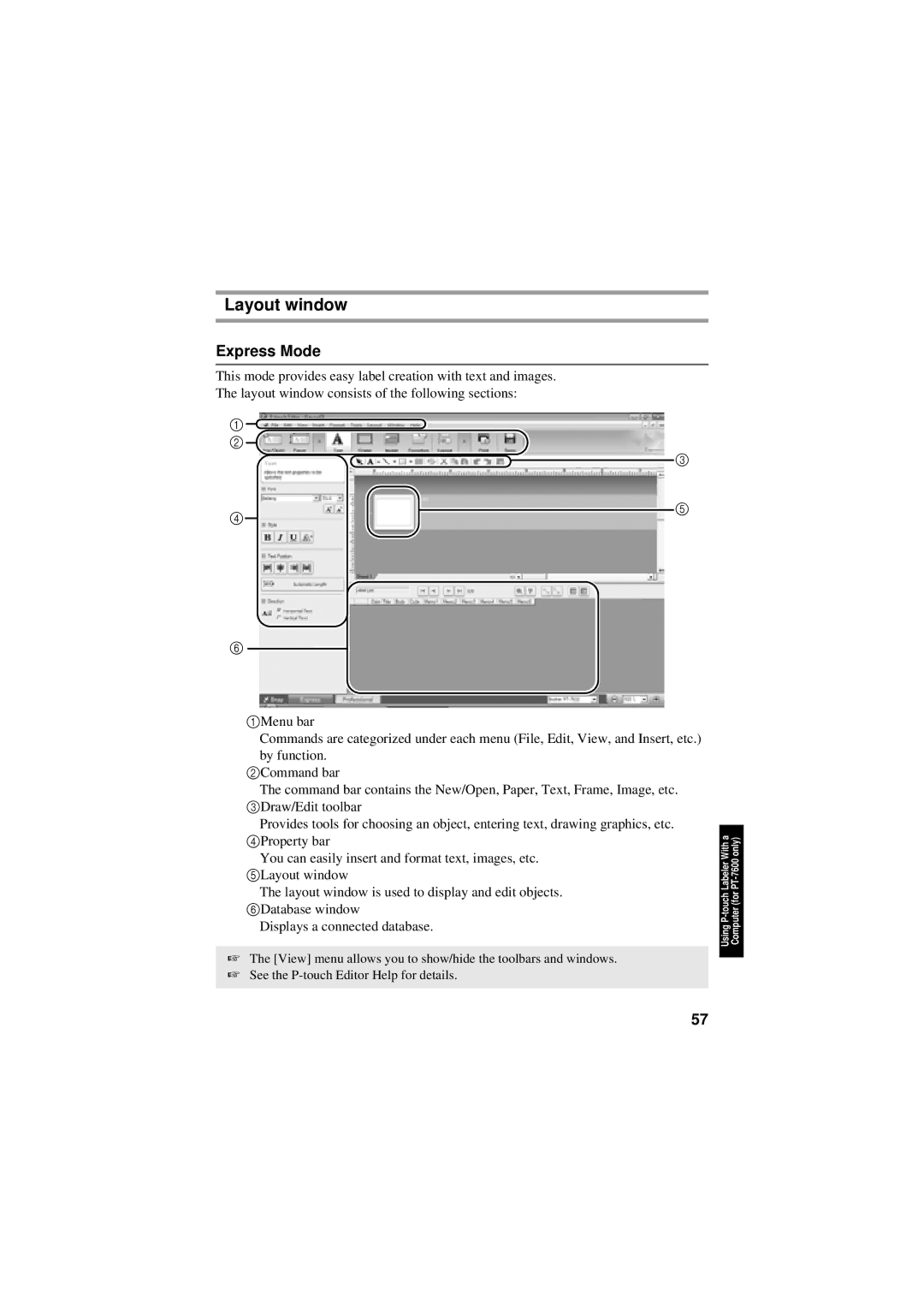 Brother PT-7600, PT-7500 manual Layout window, Express Mode 