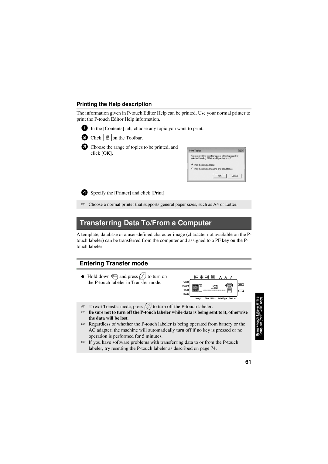 Brother PT-7600, PT-7500 manual Transferring Data To/From a Computer, Entering Transfer mode, Printing the Help description 