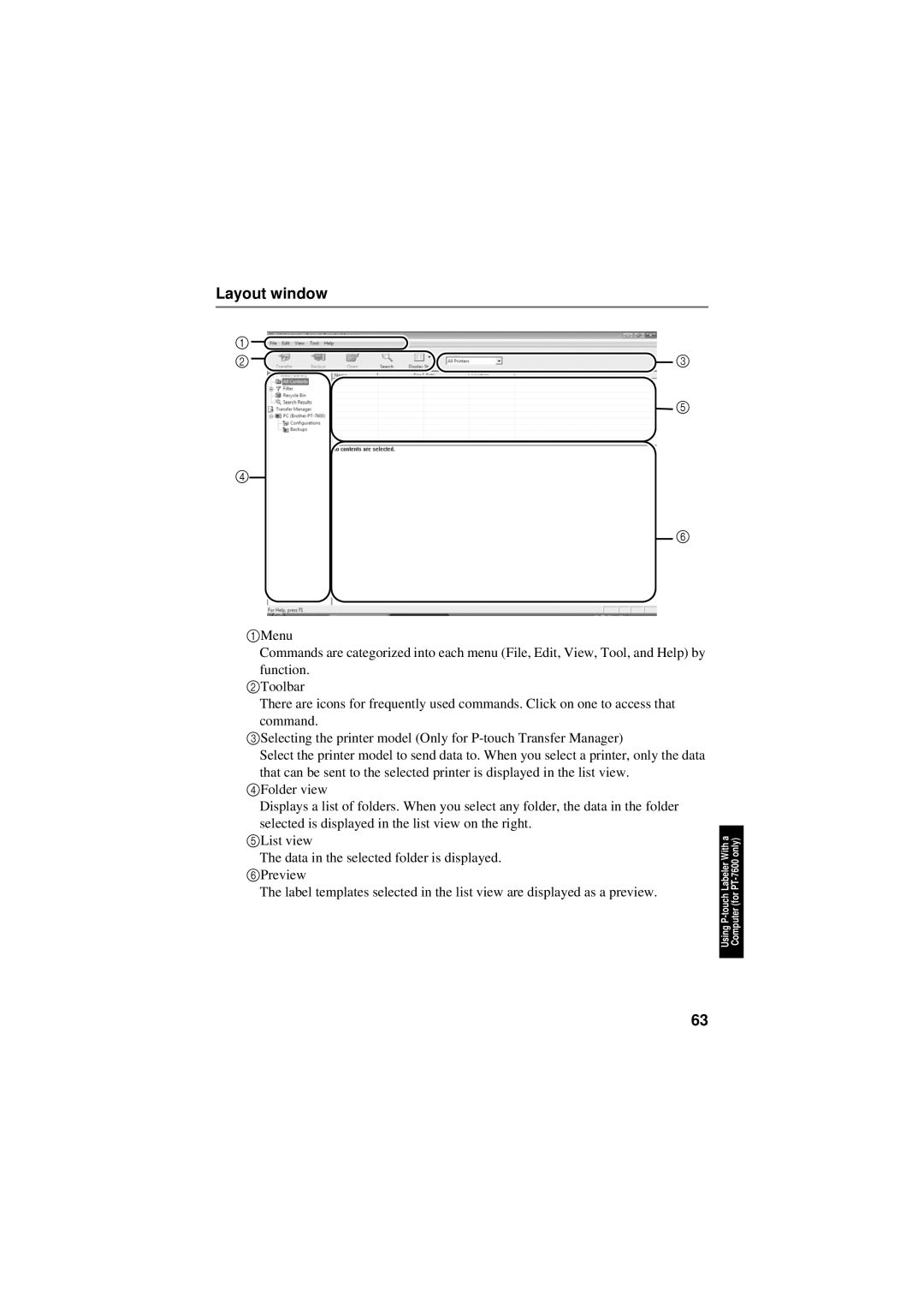 Brother PT-7600, PT-7500 manual Layout window 