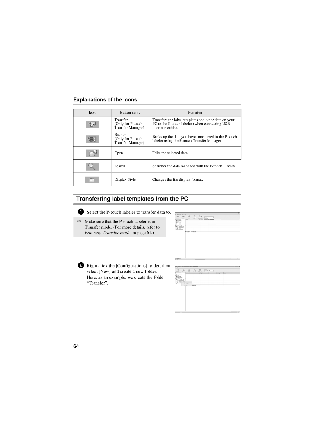 Brother PT-7500, PT-7600 manual Transferring label templates from the PC, Explanations of the Icons 