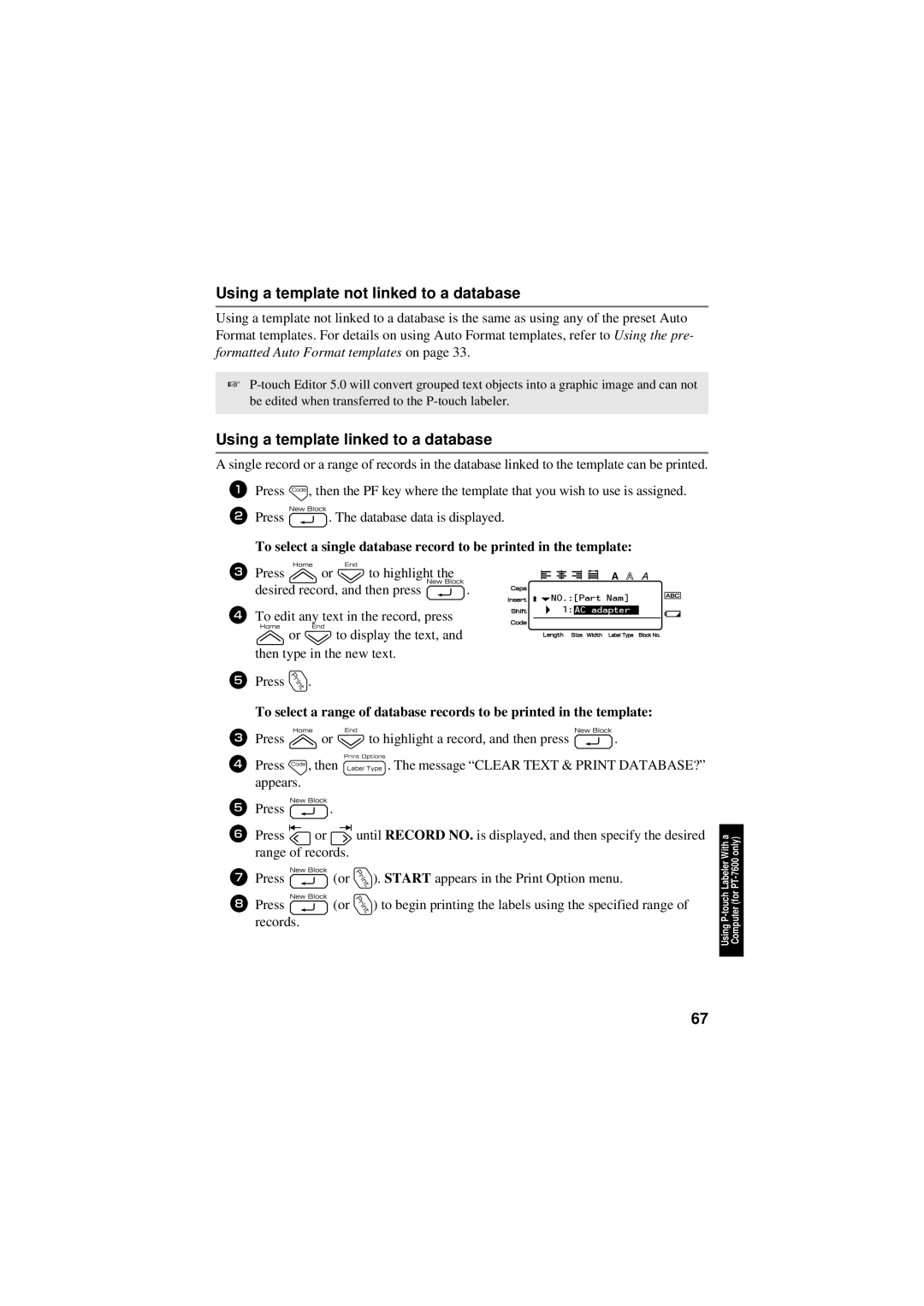 Brother PT-7600, PT-7500 manual Using a template not linked to a database, Using a template linked to a database 