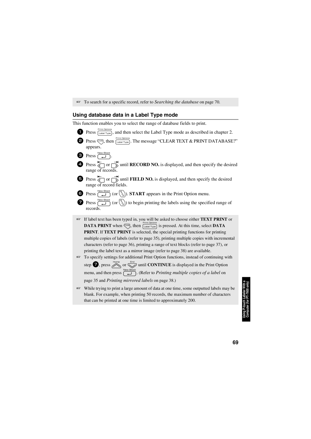 Brother PT-7600, PT-7500 manual Using database data in a Label Type mode 