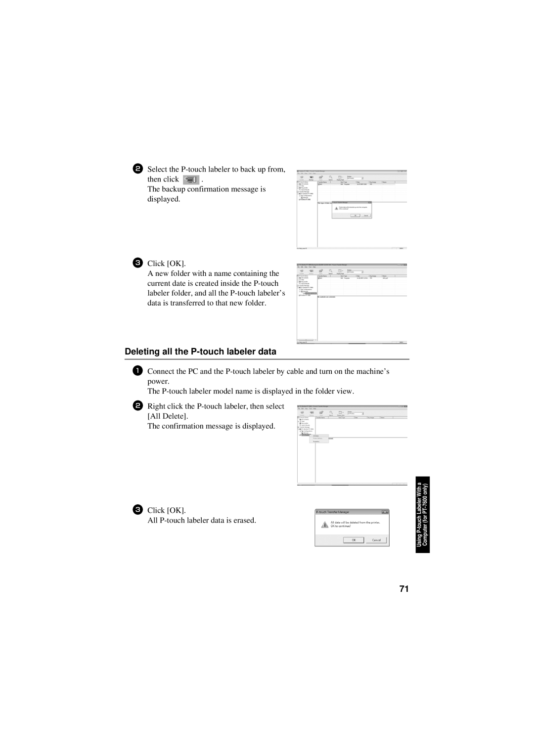 Brother PT-7600, PT-7500 manual Deleting all the P-touch labeler data 