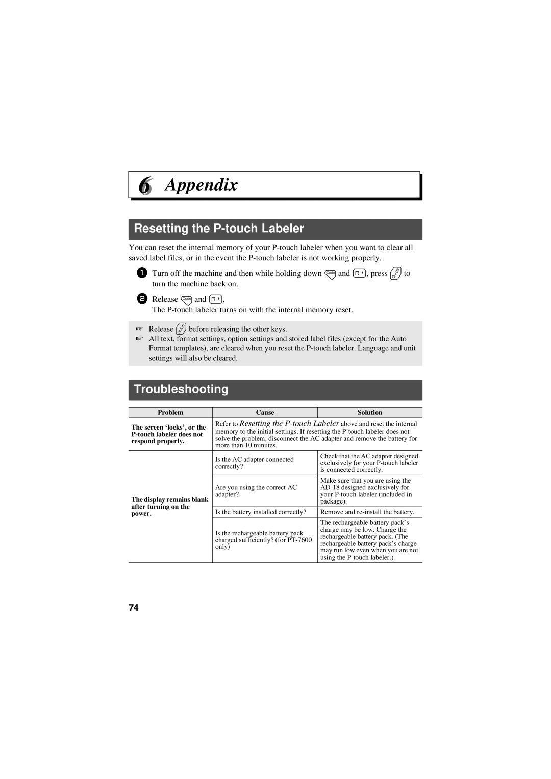 Brother PT-7500, PT-7600 manual Resetting the P-touch Labeler, Troubleshooting 