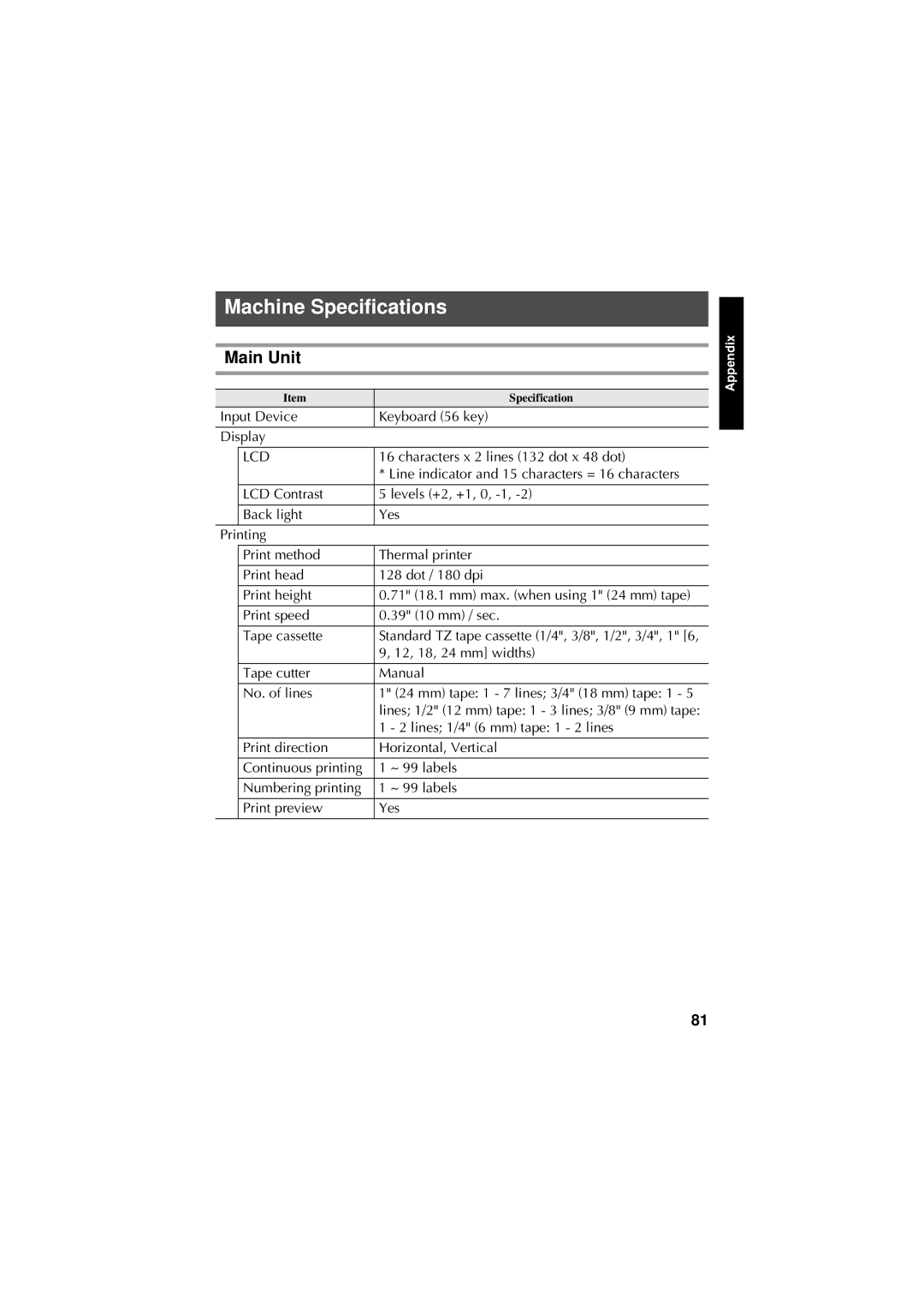 Brother PT-7600, PT-7500 manual Machine Specifications, Main Unit 