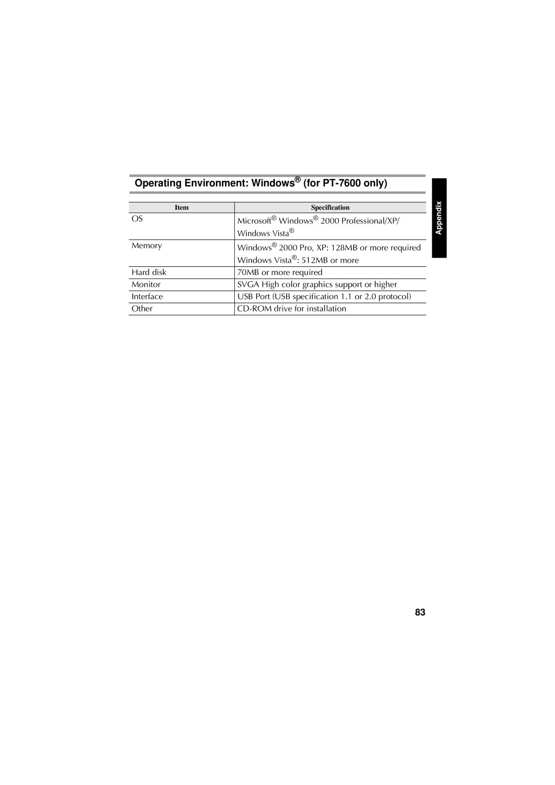 Brother PT-7500 manual Operating Environment Windows for PT-7600 only 