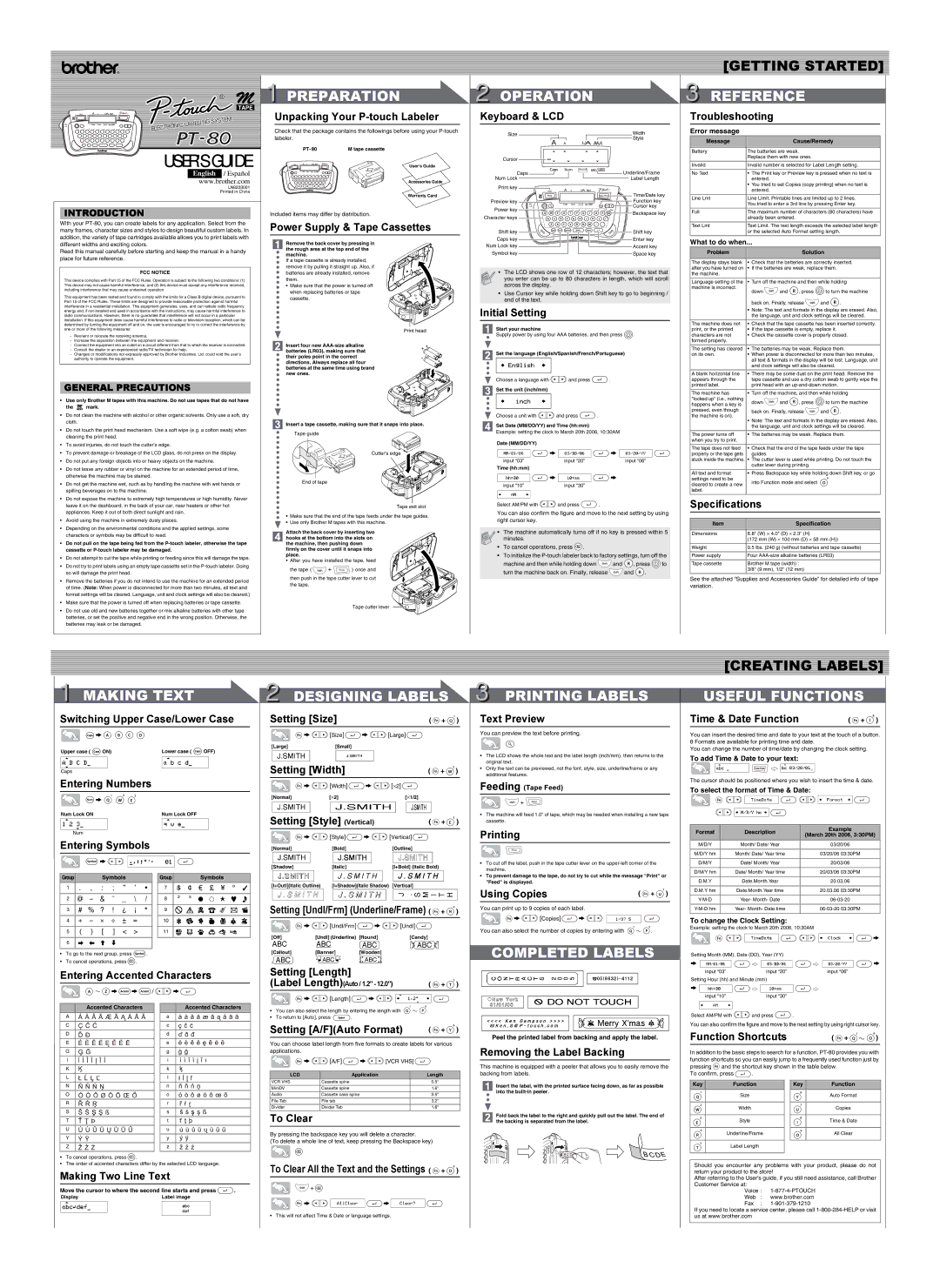 Brother PT-80 specifications Operation, Making Text, Designing Labels, Printing Labels, Completed Labels 