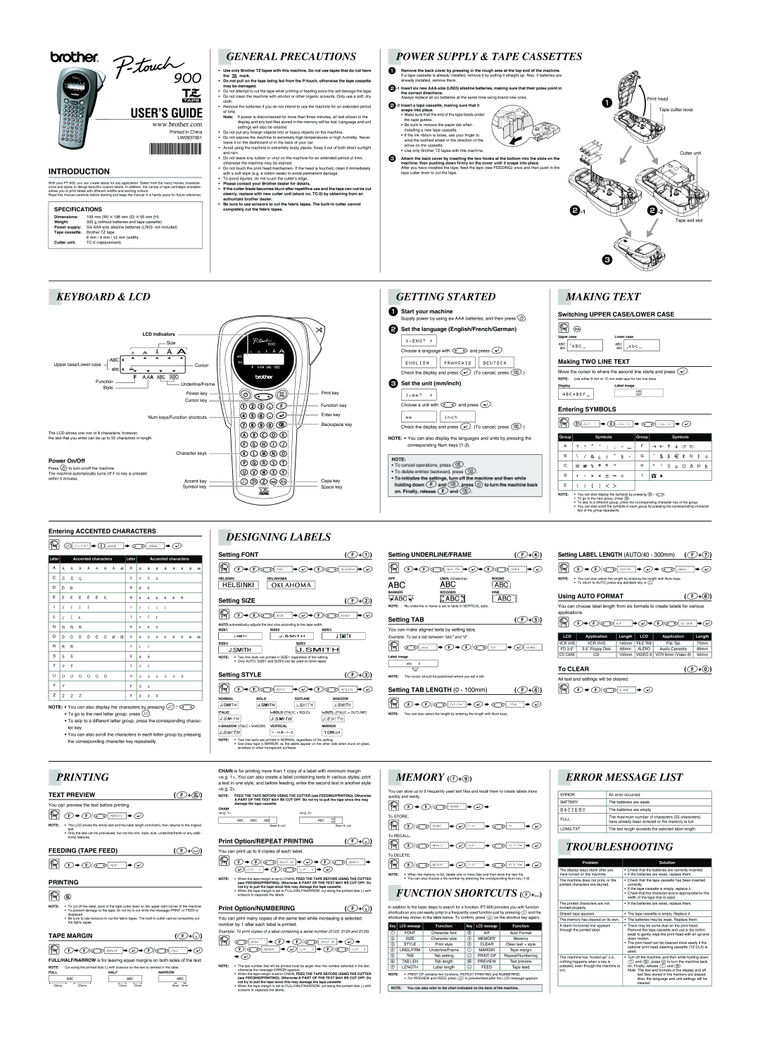 Brother PT-900 specifications General Precautions, Power Supply & Tape Cassettes, Keyboard & LCD, Getting Started 