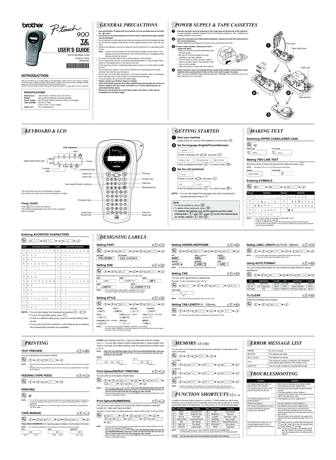 Brother PT-900 specifications User’S Guide 