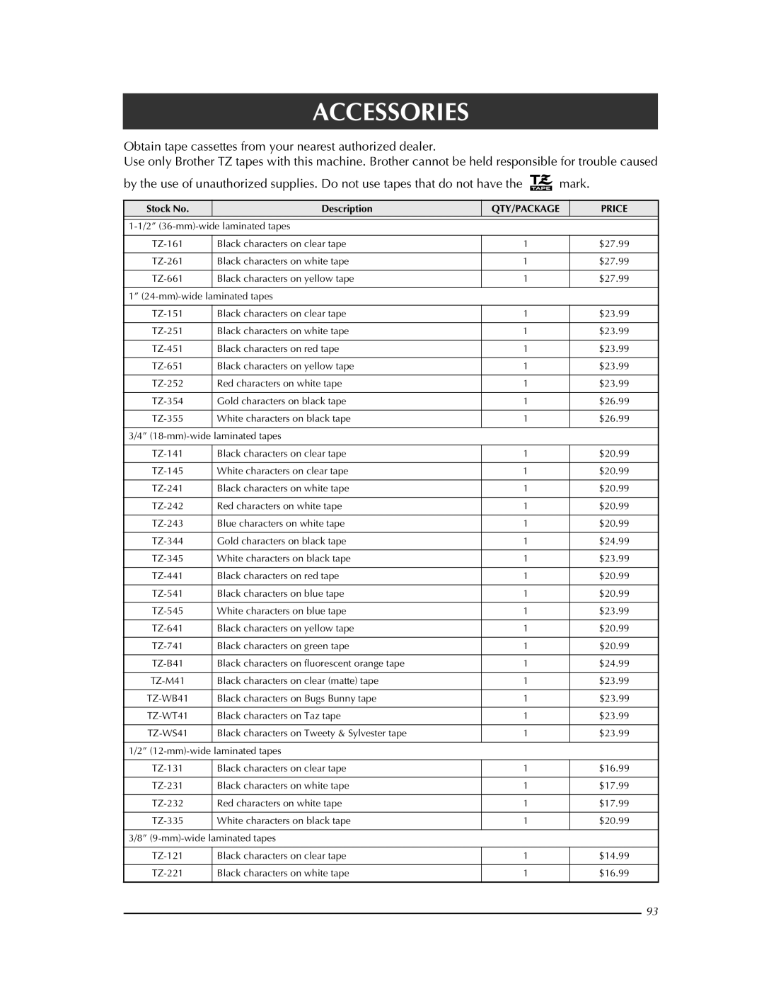 Brother PT-9400 manual Accessories 