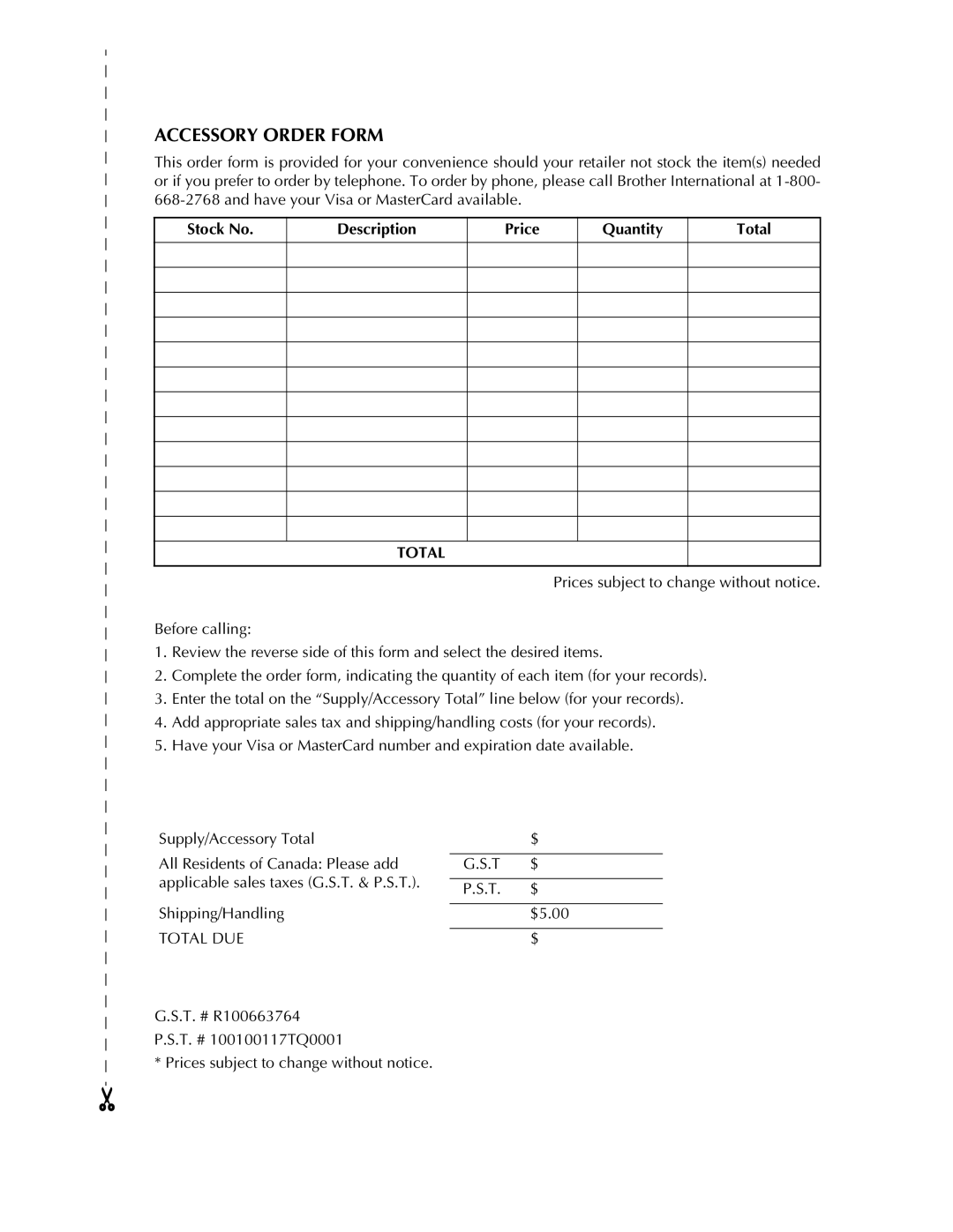 Brother PT-9400 manual Stock No Description Price Quantity Total, Shipping/Handling 