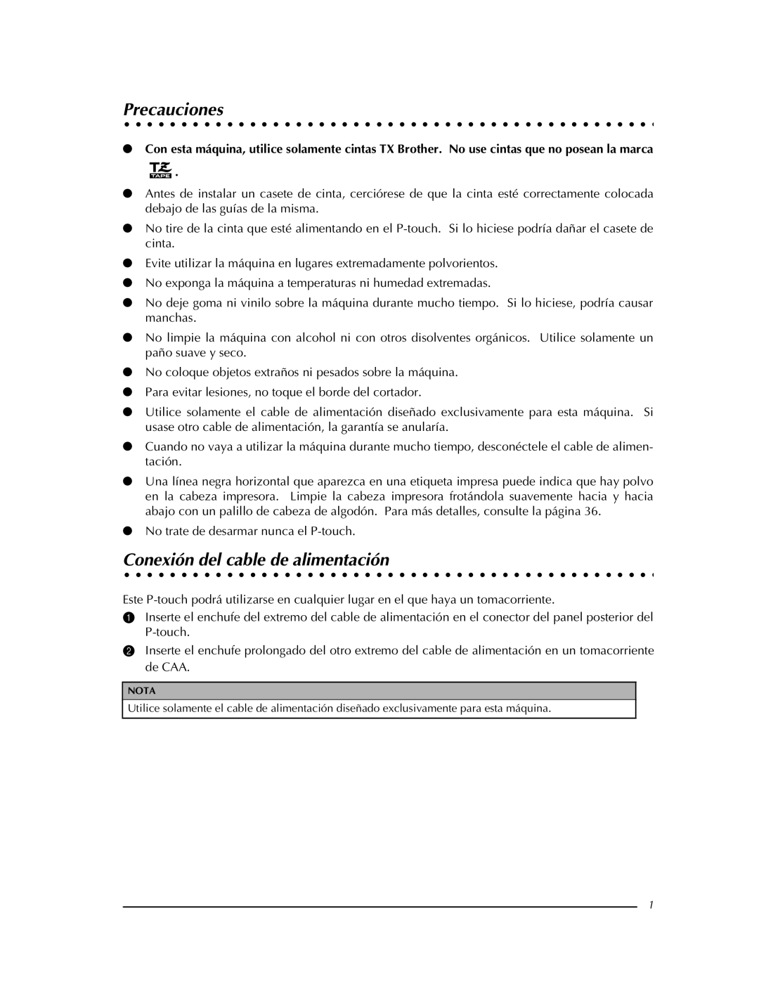 Brother PT-9400 manual Precauciones, Conexión del cable de alimentación 