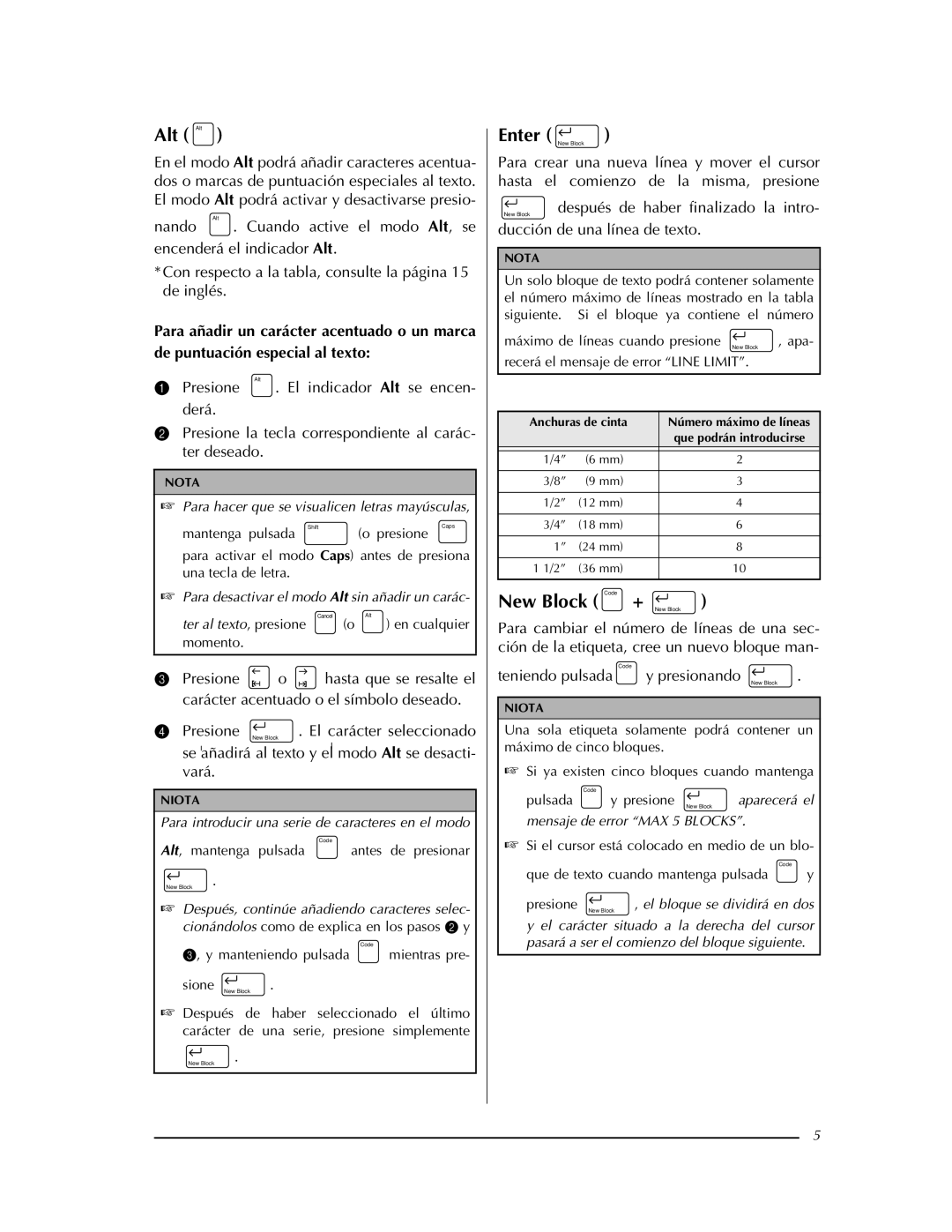 Brother PT-9400 manual New Block Code, Ducción de una línea de texto, Teniendo pulsada Presionando New Block 