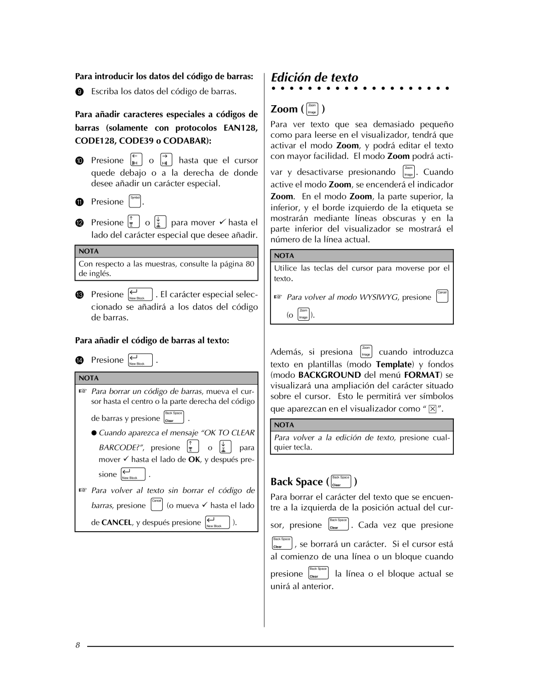 Brother PT-9400 Edición de texto, Para introducir los datos del código de barras, Para añadir el código de barras al texto 