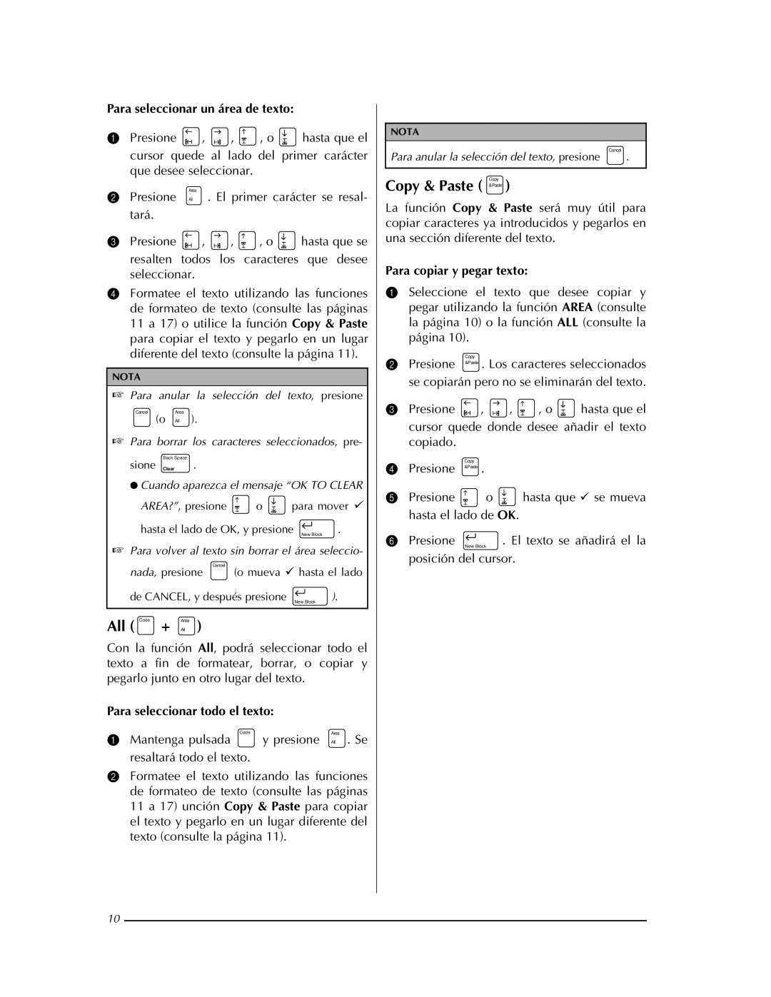 Brother PT-9400 manual Para seleccionar un área de texto, Para seleccionar todo el texto, Mantenga pulsada 