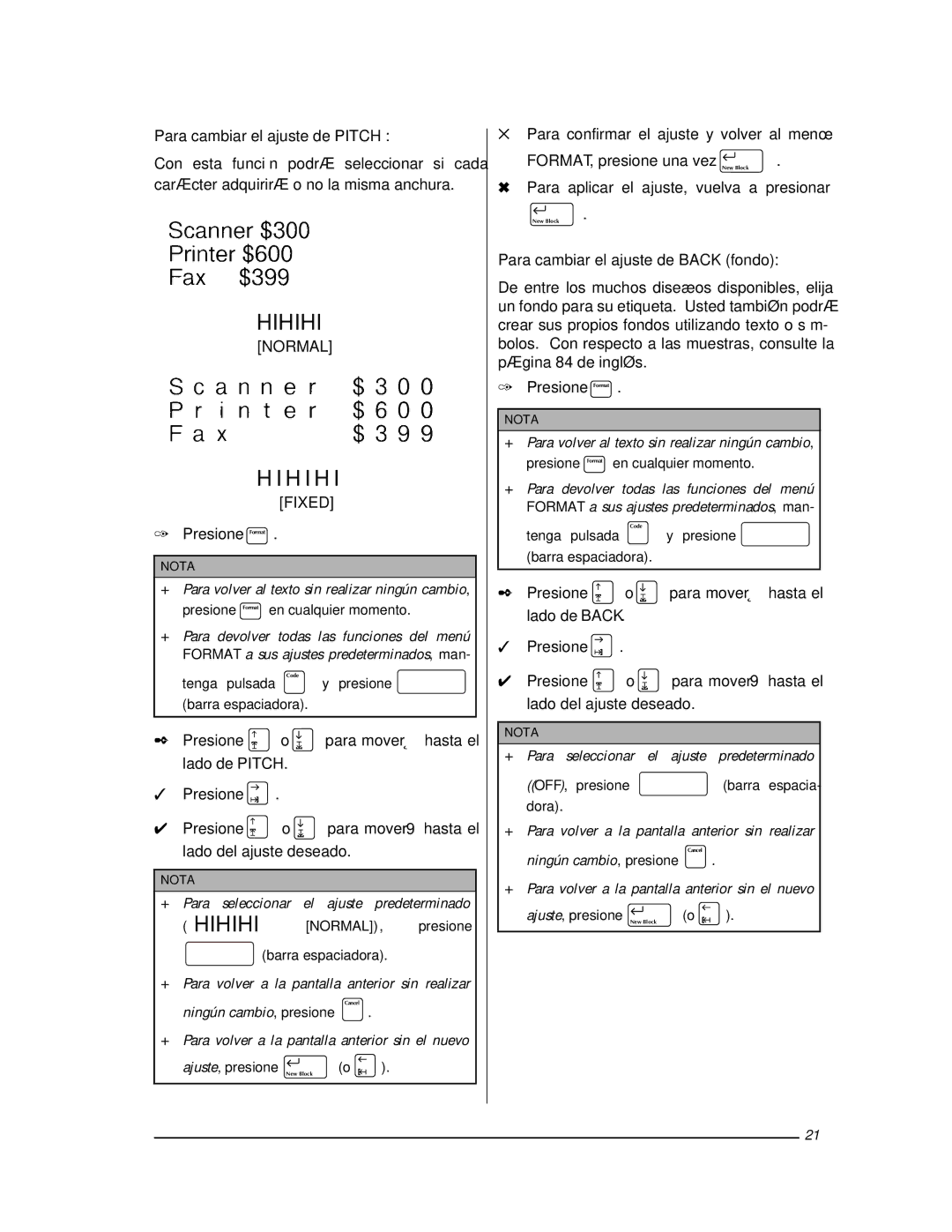 Brother PT-9400 manual Para cambiar el ajuste de Pitch, Para cambiar el ajuste de Back fondo 