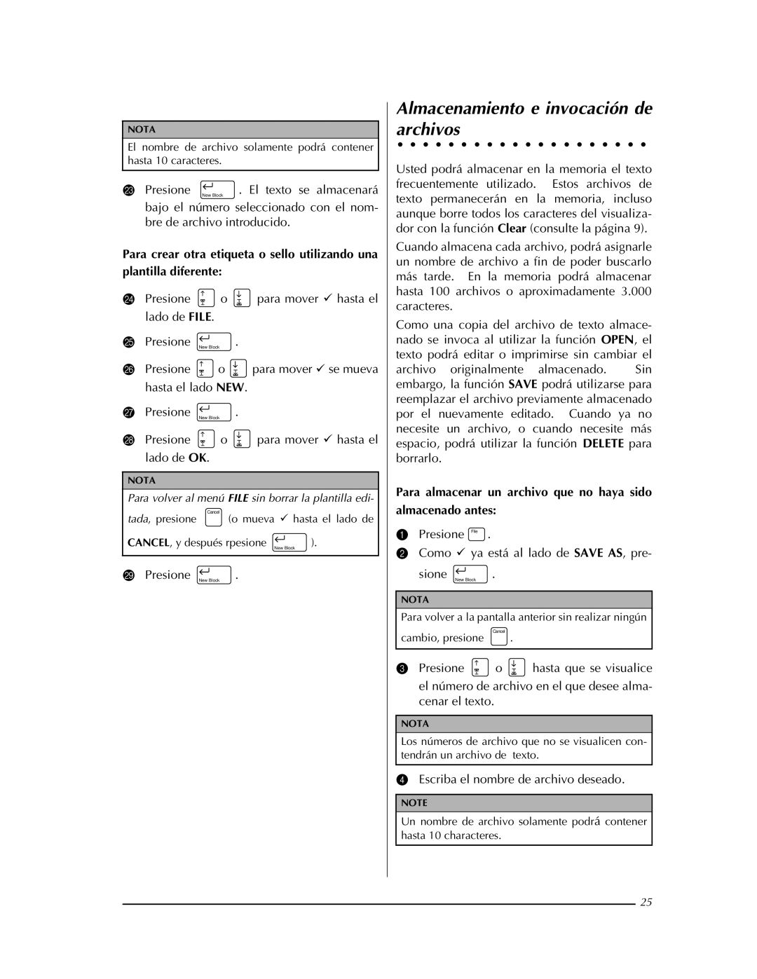 Brother PT-9400 manual Almacenamiento e invocación de archivos, Para almacenar un archivo que no haya sido almacenado antes 