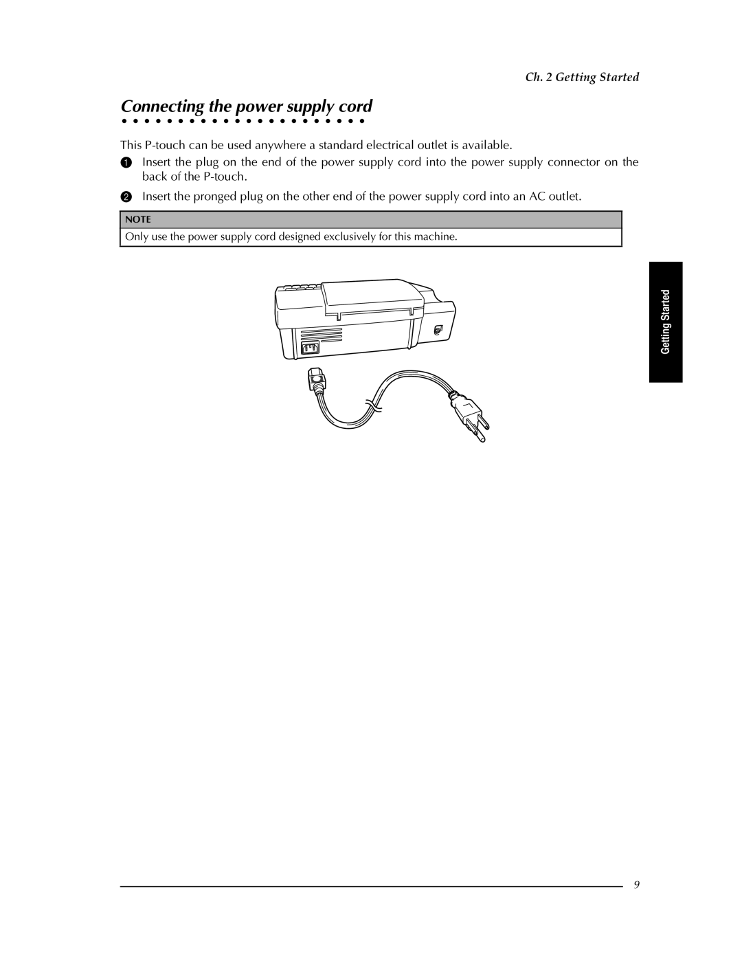 Brother PT-9400 manual Connecting the power supply cord 