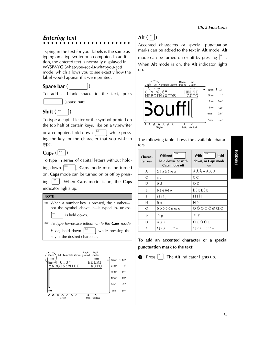 Brother PT-9400 manual Entering text, Alt Alt, Space bar, Shift Shift, Caps Caps 