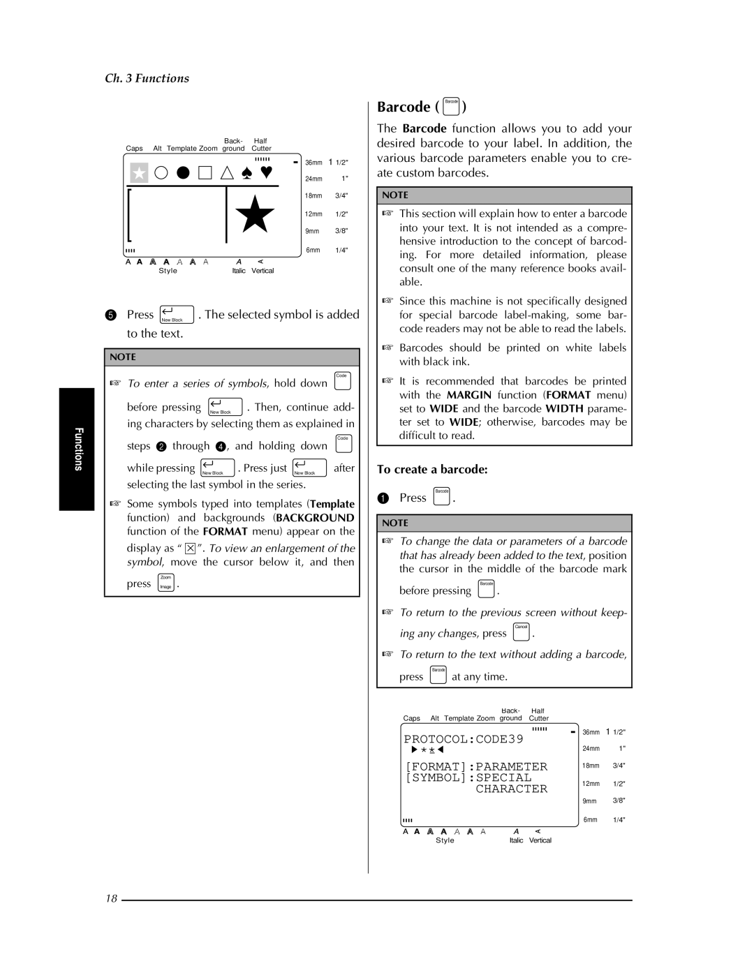 Brother PT-9400 manual Barcode Barcode, PROTOCOLCODE39, Formatparameter, Symbolspecial, Character 