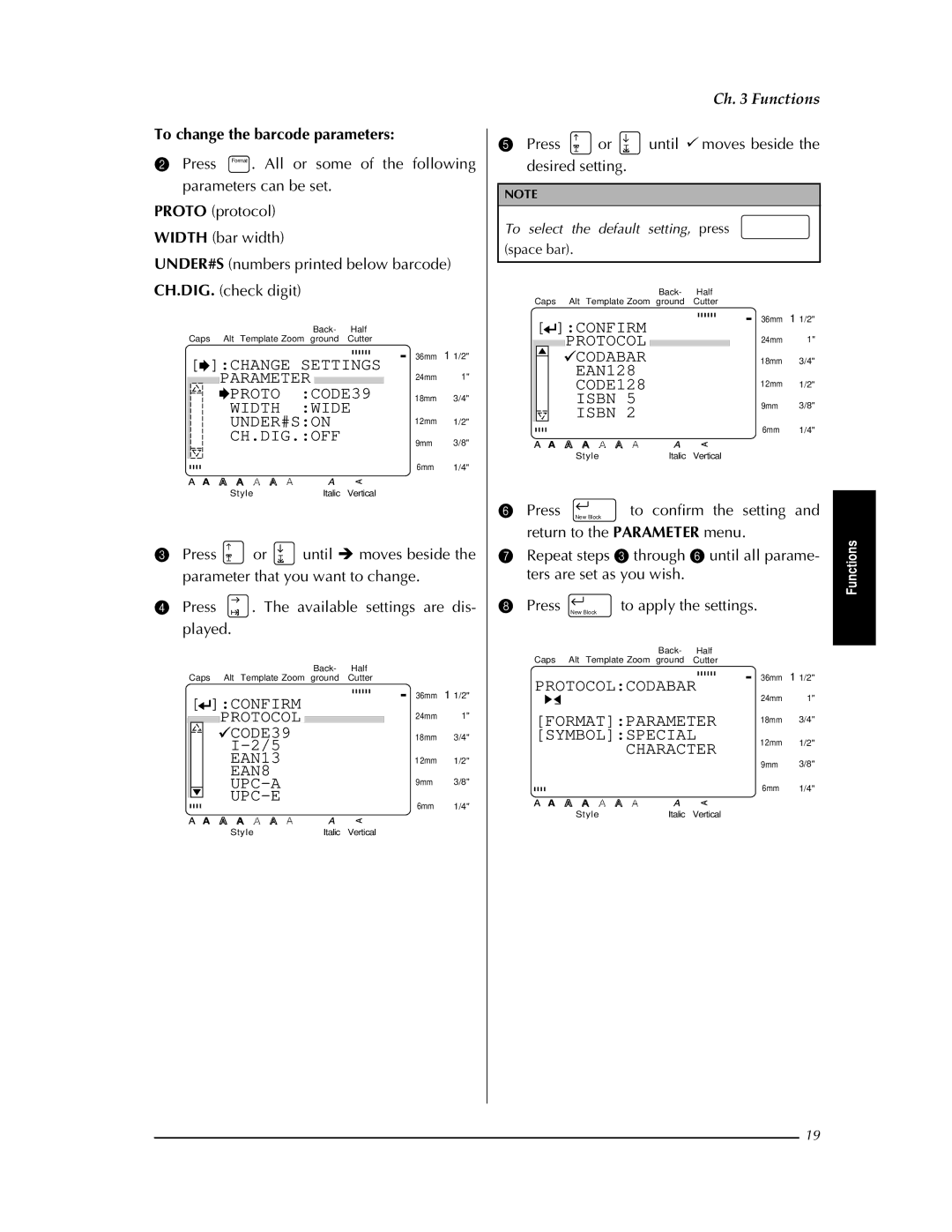 Brother PT-9400 Change Settings, Parameter, Proto CODE39, Width Wide UNDER#SON, Ch.Dig.Off, Protocol, EAN13, EAN8 UPC-A 