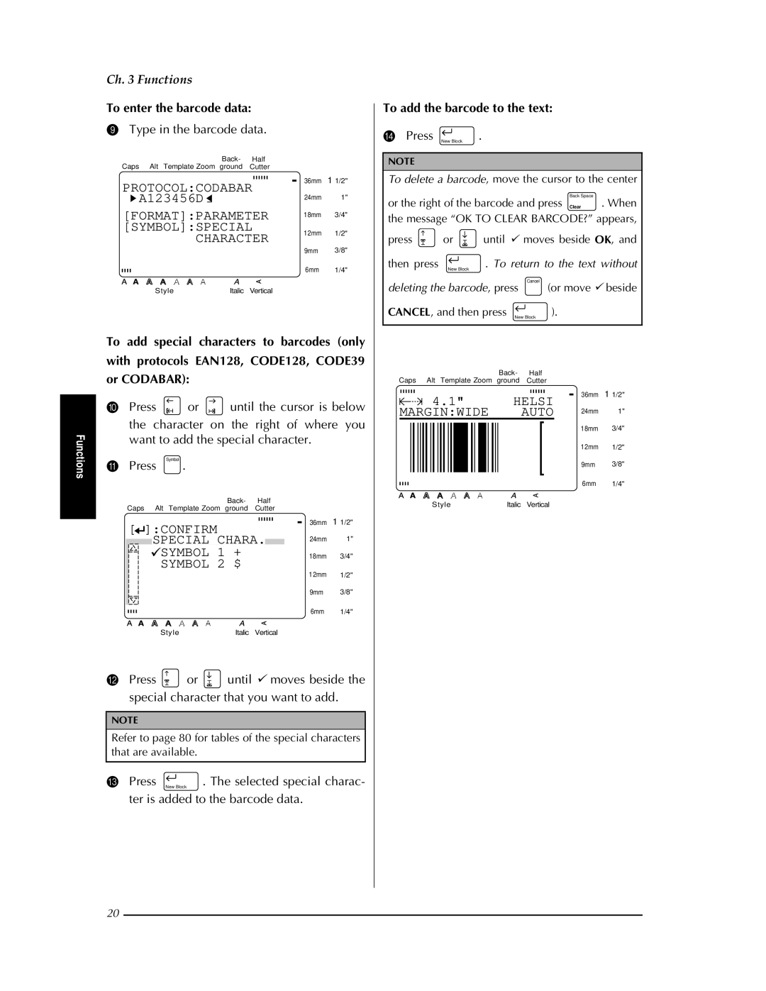 Brother PT-9400 manual Formatparameter Symbolspecial Character, Confirm Special Chara Symbol 1 +, To enter the barcode data 