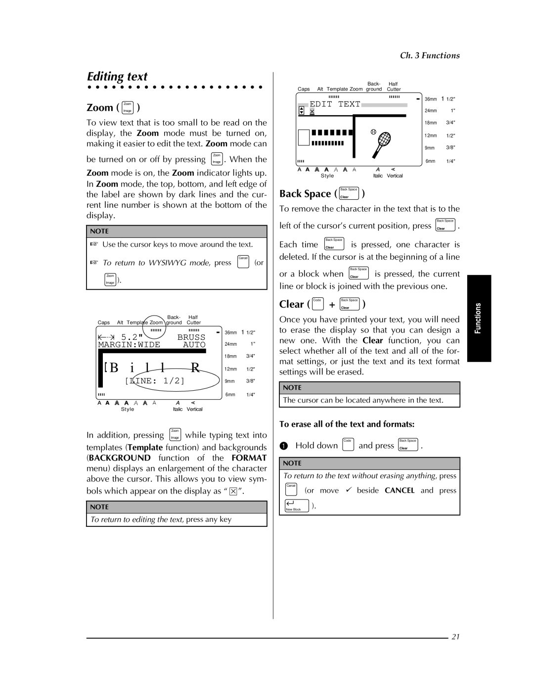 Brother PT-9400 manual Editing text, Zoom ImageZoom, Back Space ClearBack Space, Edit Text 