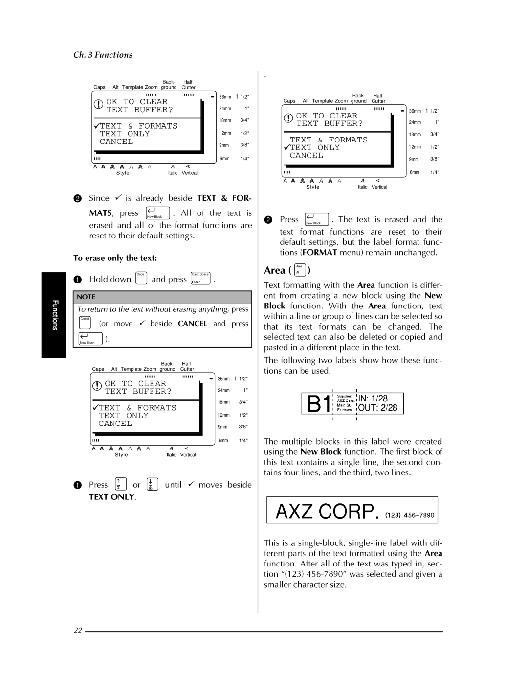 Brother PT-9400 manual Area All, OK to Clear, Text BUFFER?, Text & Formats Text only, Cancel 