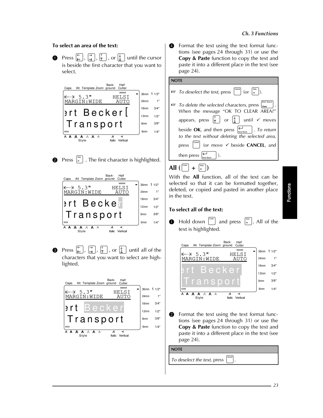 Brother PT-9400 manual All, To select an area of the text, To select all of the text, Text is highlighted 