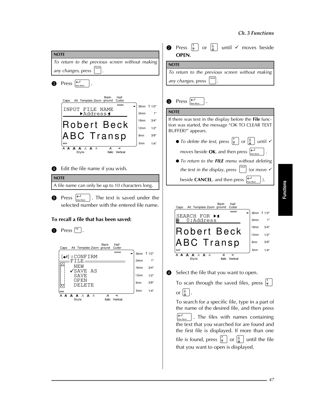 Brother PT-9400 manual File NEW, Search for, Open, To recall a file that has been saved 