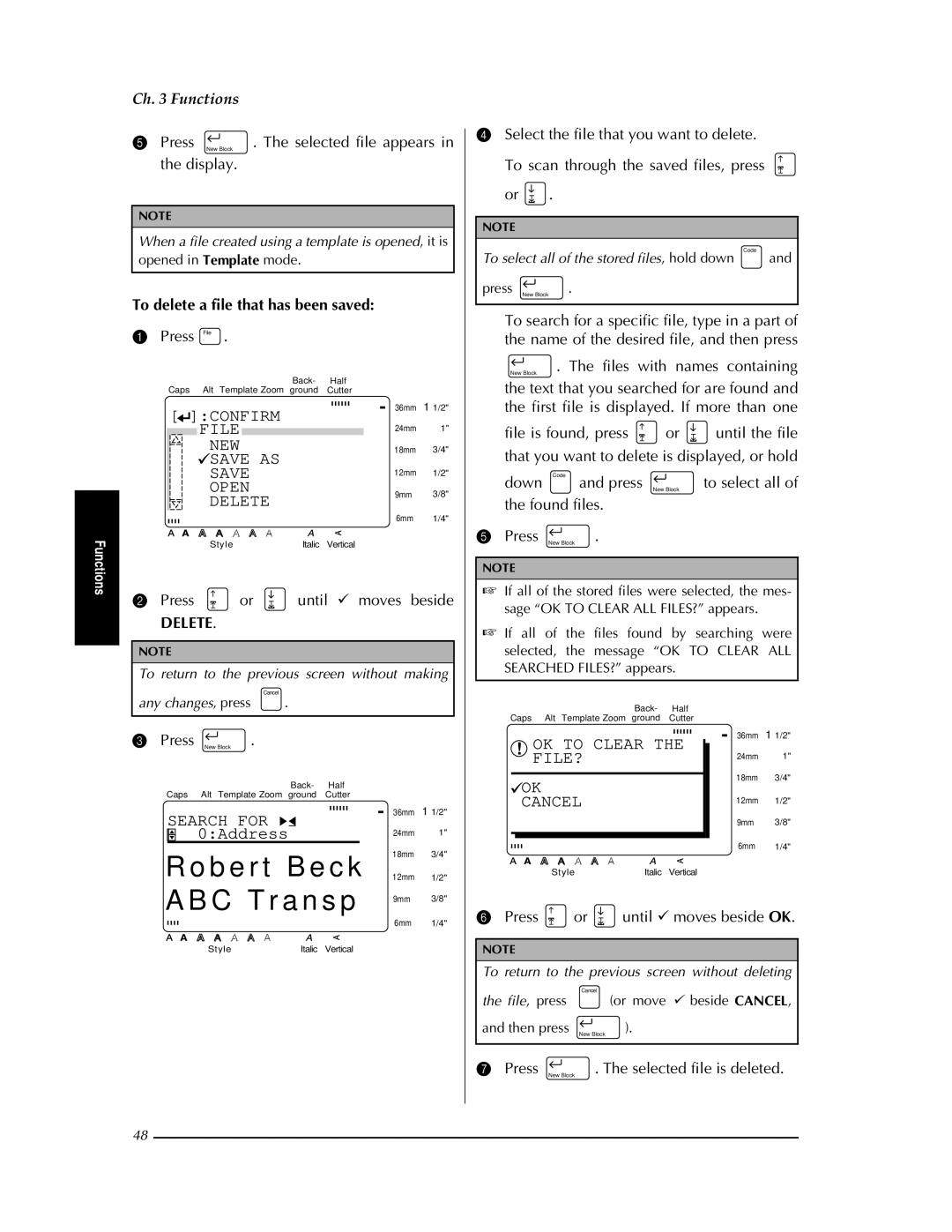 Brother PT-9400 manual OK to Clear FILE?, To delete a file that has been saved, Delete 