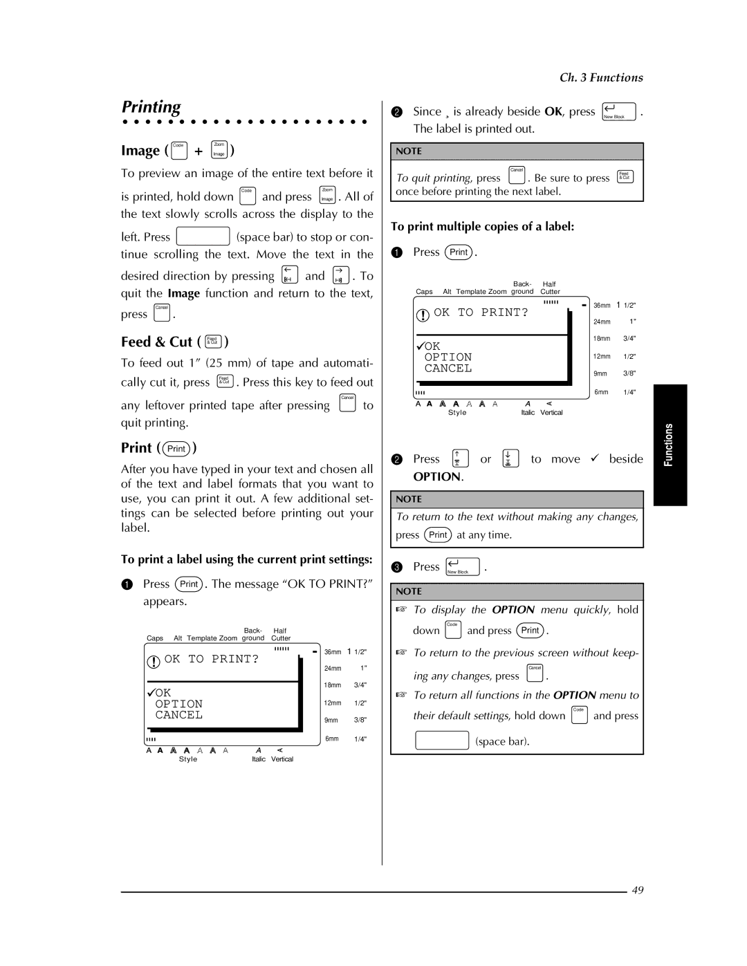 Brother PT-9400 manual Printing, Image, Feed & Cut Feed, Print Print, OK to PRINT? Option Cancel 