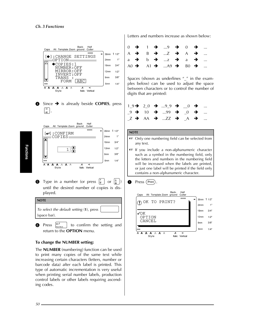 Brother PT-9400 Copies, Since Î is already beside COPIES, press, Return to the Option menu, To change the Number setting 