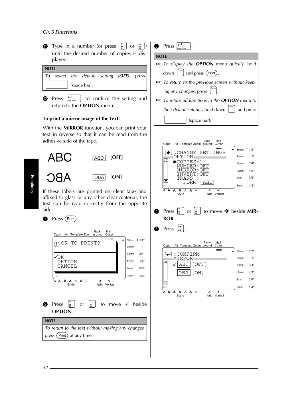 Brother PT-9400 manual Option COPIES1 Numberoff Mirroroff Invertoff Trans ABC Form, Abc Off, Ror 