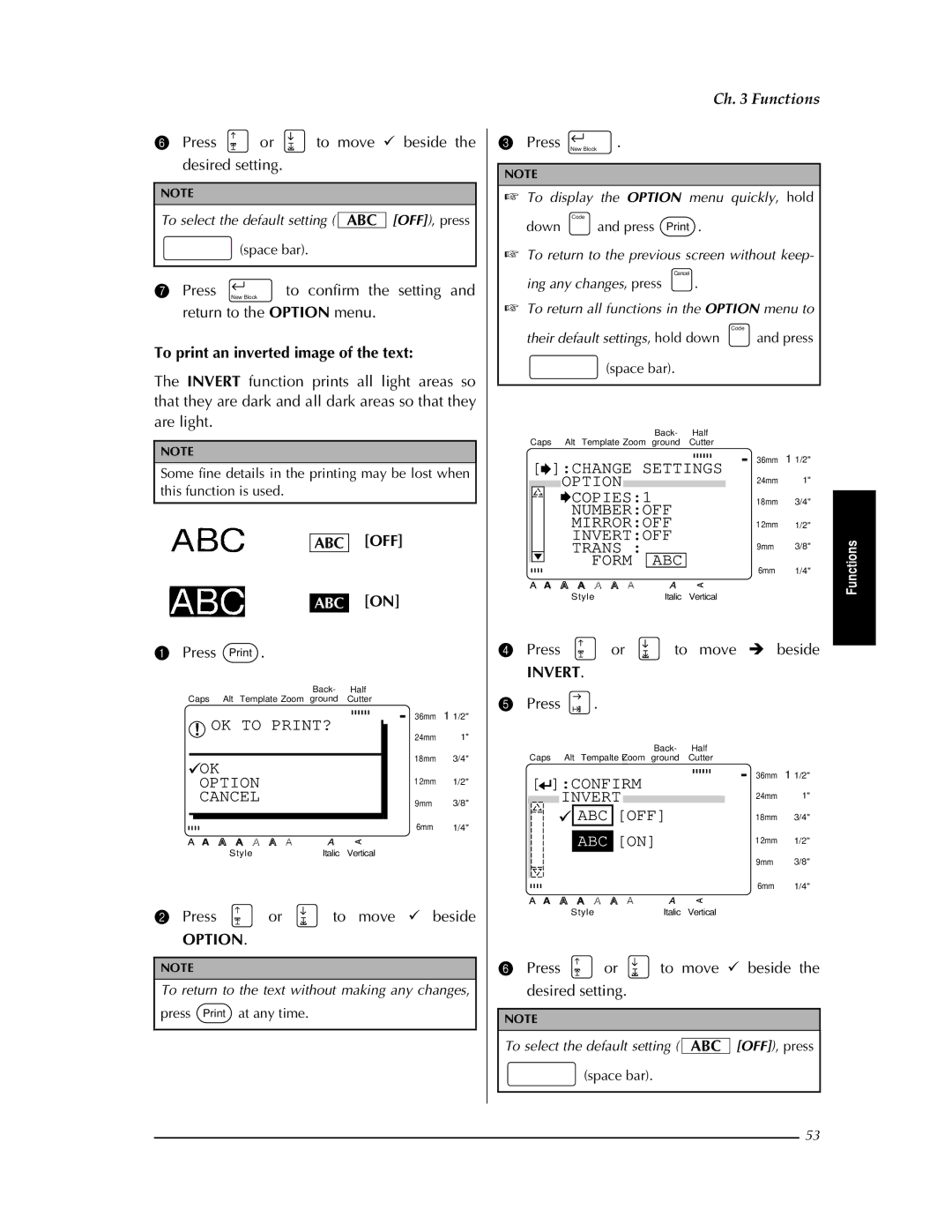 Brother PT-9400 manual Trans ABC, Confirm Invert ABC OFF, To print an inverted image of the text, Abc Off 