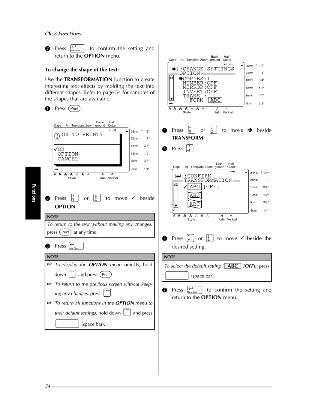 Brother PT-9400 manual Confirm Transformation ABC OFF, To change the shape of the text 