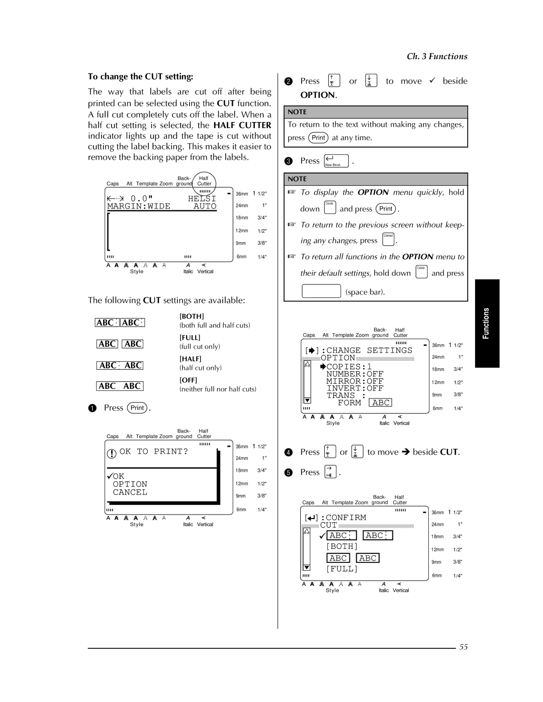 Brother PT-9400 manual CUT ABC Both Full, To change the CUT setting, Following CUT settings are available, Abc 