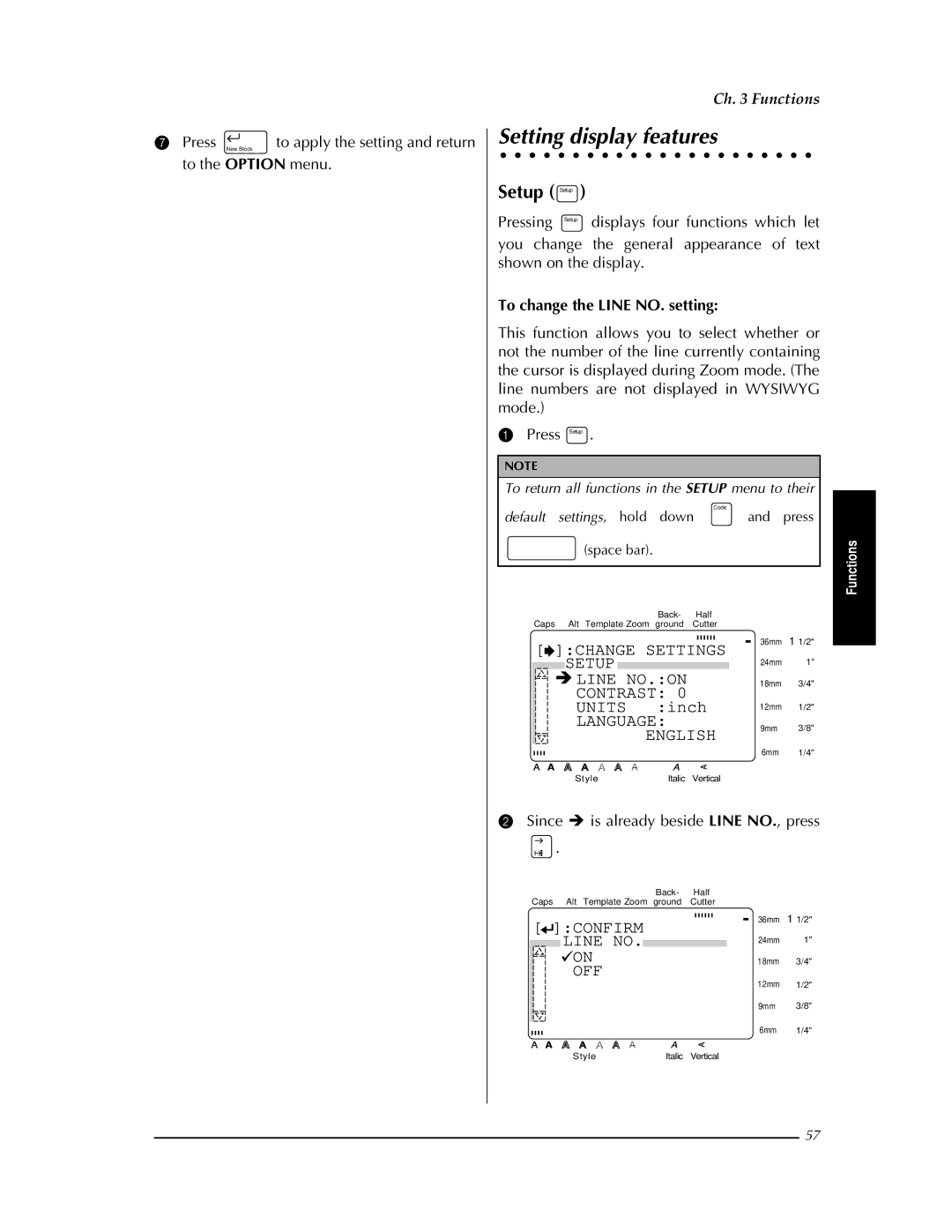 Brother PT-9400 manual Setting display features, Setup Setup 