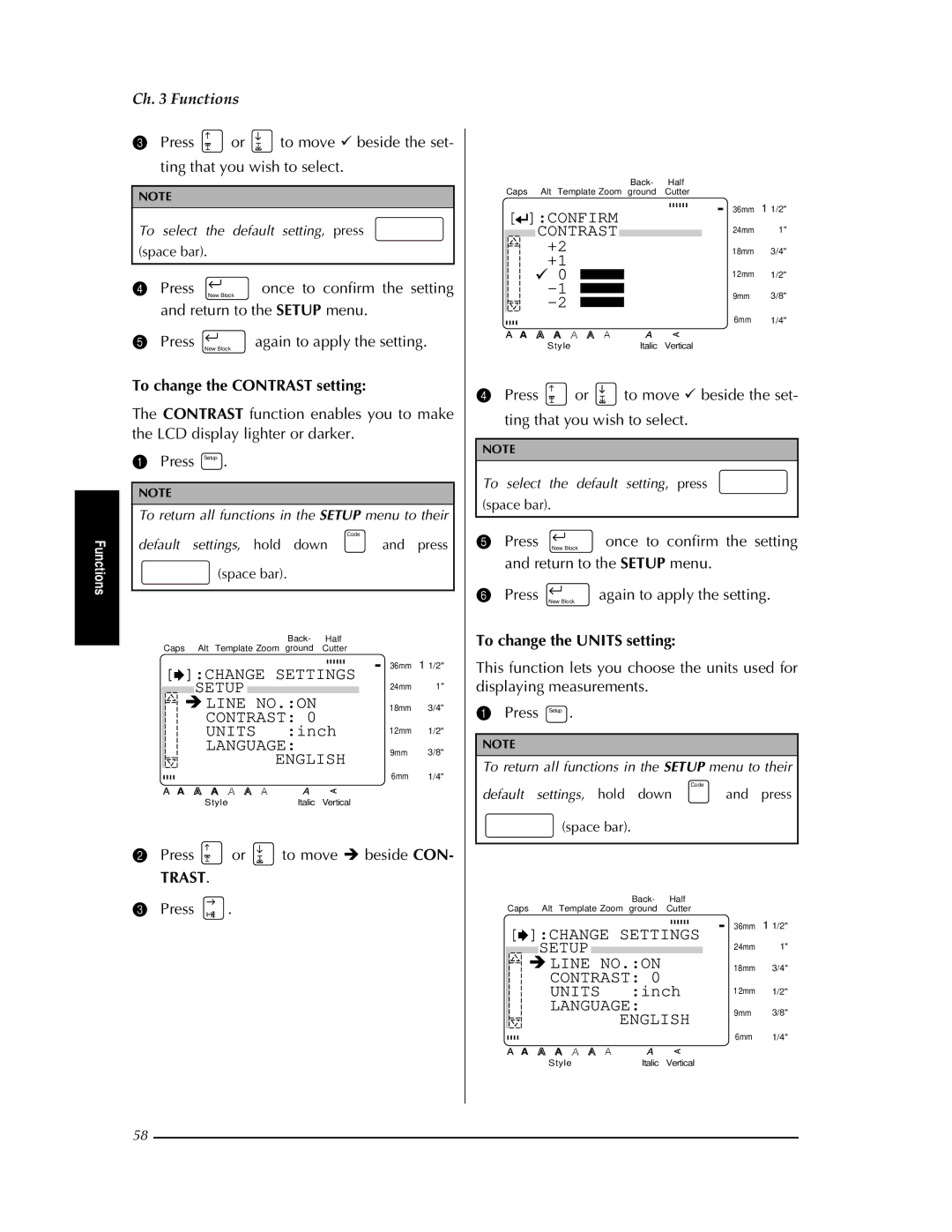 Brother PT-9400 manual To change the Contrast setting, Trast, To change the Units setting 